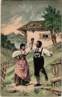 Lady art postcard, romantic couple dancing, folklore s: Ernst (EK)