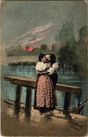 Lady art postcard, romantic couple kissing, folklore s: Ernst (EK)