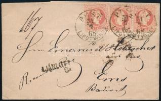 1868 5 x 5kr ajánlott levélen Németországba, a hátoldalon lévő 2 x 5kr bontásnál kettétépve / 5 x 5kr on registered cover to Germany, the stamps on the backside are torned PEST / LIPÓTVÁROS