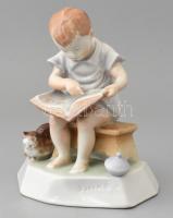 Zsolnay porcelán Könyvet olvasó fiú, kézzel festett, jelzett, nyaka ragasztott, m:18,5 cm (tervező:Sinkó András) 1930körül