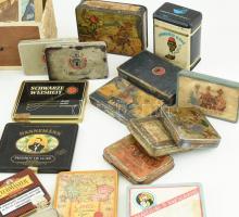 cca. 25 db fém reklámdoboz, (Pörkölt kávé, Bajtárs, Pest szivarka stb.) Kopott, sérülésekkel. Vegyes...