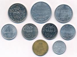 Franciaország 9xklf érméből álló tétel, főleg a francia gyarmatokról és külbirtokokról T:1-2- France 9xdiff coin lot, mostly from the French collectivities and colonies C:UNC-VF