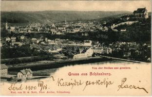 1900 Segesvár, Schässburg, Sighisoara; Von der Steilau aus gesehen / látkép. Verlag v. H. G. Roth Phot. Atelier / general view (vágott / cut)