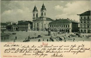 1906 Arad, Thököly tér, piac, Schwarz R., Ifj. Löwy Ármin, Hoffmann József, Joszif Miklós üzlete / square, market, shops (EK)