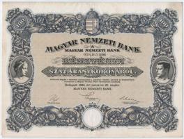 Budapest 1924. Magyar Nemzeti Bank részvény 100K-ról 058.465 szelvényekkel, szárazpecséttel T:II- Hungary 1924. Magyar Nemzeti Bank Hungarian National Bank share about 100 Korona 058.465 C:VF