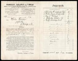 1904-1906 Kunossy, Szilágyi és Társa könyv-, mű- és zenemű-nagykereskedés könyvrendelési jegyzéke + 10 db nyugta négy korona befizetéséről