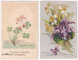 11 db RÉGI üdvözlő képeslap vegyes minőségben / 11 pre-1950 greeting motive postcards in mixed quality