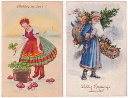 4 db RÉGI üdvözlő képeslap: Karácsony és Újév / 4 pre-1945 greeting motive postcards: Christmas and ...