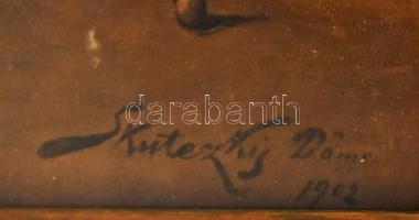 Szecessziós fakeret, benne Szkuteczky Döme: A modern Párizs. Ofszetnyomattal. Kopott, 59x90cm