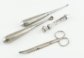 4 db régebbi fém orvosi eszköz (fecskendő, olló, stb.), h: 9,5-16 cm