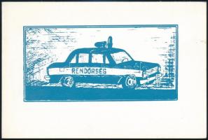 cca 1970-1980 Rendőrségi újévi üdvözlőlap, aláírásokkal, a borítón Lada (Zsiguli) rendőrautót ábrázoló grafikával