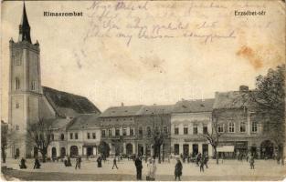 1916 Rimaszombat, Rimavská Sobota; Erzsébet tér, templom, Stech Kálmán, Eszenyi Gyula üzlete / square, shops, church (szakadás / tear)