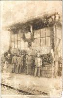 1912 Herzogenburg, Hoch lebe Franz Josef I! Gott erhalte, Gott beschütze unsern Kaisern, unser Land railway station with railwaymen and K.u.K. soldiers, building decorated with signs praising Franz Joseph I of Austria. H. Höfinger Fotogr. photo (b)