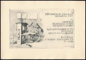 Jelzés nélkül: Meghívó a Képcsarnok Vállalat új grafikai szaküzletének megnyitására, 1963. szept. 27. Rézkarc, papír, 18x11 cm