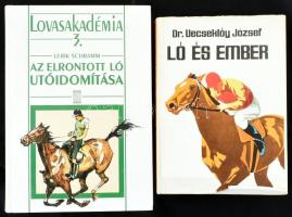 Vegyes lovas témájú könyvtétel, 2 db: Vecseklőy József: Ló és ember. Bp., 1983., Szerzői kiadás. Kiadói egészvászon-kötés, kiadói kissé szakadt papír védőborítóban. + Ulrik Schramm: Az elrontott ló utóidomítása (Lovasakadémia 3.). Bp., 1998, Mezőgazda. Kiadói kartonált papírkötés.