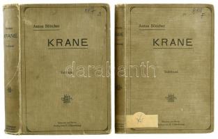 Anton Böttcher: Krane. I-II. Band. I. Textband. II. Tafelband. Ihr allgemeiner Aufbau nebst maschineller Ausrüstung, Eigenschaften ihrer Betriebsmittel, einschlägige Maschienn-Elemente und Trägerkonstruktionen. Ein Handbuch für Bureau, Betrieb und Studium von: - -. Unter Mitwirkung von G. Frasch. München-Berlin, 1906, R. Oldenbourg. Német nyelven. Szövegközti képanyaggal. Kiadói egészvászon-kötések, kopott borítókkal, az egyik gerinc sérült, volt könyvtári példány.