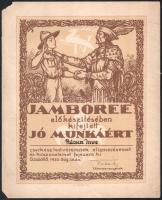 1933 Gödöllő, Jamboree előkészítésében végzett jó munkáért kiállított, illusztrált oklevél, gróf Teleki Pál (1879-1941) táborparancsnok, miniszterelnök nyomtatott aláírásával, kisebb sérülésekkel, 31x25 cm