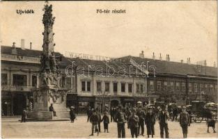 1907 Versec, Werschetz, Vrsac; Fő tér, Wagner Testvérek, Paquor József, Krausz Samu, Michelstädter üzlete. Breuer R. és Társa kiadása / main square, shops + &quot;ZIMONY - BUDAPEST 17 C&quot; vasúti mozgóposta bélyegző (ázott sarkak / wet corners)