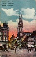 1918 Zagreb, Zágráb; Stolna crkva / Székesegyház, Josip Deutsch üzlete. Vasúti levelezőlapárusítás. Erdélyi udvari fényképész felvétele / Domkirche / cathedral, shops