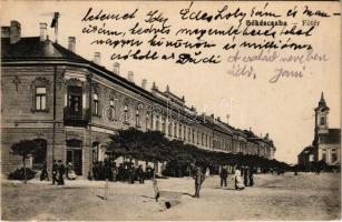 1935 Békéscsaba, Fő tér, templom, Fiume szálloda (gyűrődés / crease)