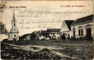 1910 Vokány (Siklós), Római katolikus templom és Fő utca. Bleyer József fényk. műterme + BROD-NAGYKANIZSA 26. SZ. vasúti mozgóposta