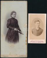 cca 1890-1910 Hölgy és úr portréja, 2 db keményhátú fotó lvivi (Lwów) és szófiai műtermekből, kissé foltos, az egyiken ázásnyomokkal, 20,5x9,5 cm és 10,5x6,5 cm