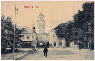 1909 Trencsén, Trencín; Fő tér, Blaschke E. és Köves Ottó üzlete. W.L. Bp. 5753. / main square, shops (r)