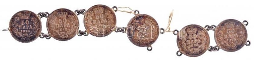 Szerbia 1915. 50p Ag I. Péter (6x) az érmék fülekkel ellátva karkötővé alakítva T:2 patina  Serbia 1915. 50 Para Ag Peter I (6x) the coins with ears, refurbished as bracelet C:XF patina Krause KM#24.2