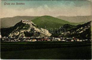 1907 Barcarozsnyó, Rozsnyó, Rosenau, Rasnov; látkép várral / general view with castle (lyuk / hole)