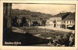 1940 Beszterce, Bistritz, Bistrita; Fő tér, Városház, Dermata, Fekeshazy üzlete / main square, shops, town hall. photo + "1940 Beszterce visszatért" So. Stpl (EB)