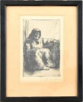 Szőnyi István (1894-1960): Asszony. Rézkarc, papír, jelzett, üvegezett fa keretben, 14,5×9 cm