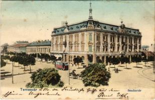 1904 Temesvár, Timisoara; Scudier tér, villamos, Józsefvárosi takarékpénztár, Párisi nagy áruház üzlete / Iosefin, savings bank, square, tram, shops (fl)