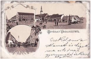 1899 (Vorläufer) Vágújhely, Waag-Neustadt, Nové Mesto nad Váhom; utca, tér / street, square. Brück Samu Art Nouveau, floral, litho