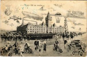 1913 Hajmáskér 100 év múlva a jövőben montázs, Zeppelin körforgalom a Parancsnoksági épülettel. Szélessy Mihály kiadása / in the future montage (fl)