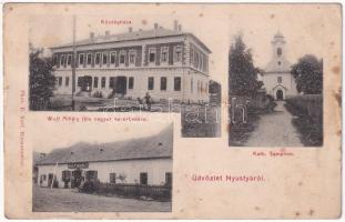 1910 Nyustya, Hnústa, Hnústi; Községháza, Központi vendéglő és szálloda, katolikus templom, Wolf Mihály féle vegyeskereskedés, üzlet. Phot. E. Reif / town hall, church, shop, restaurant and hotel (EK)