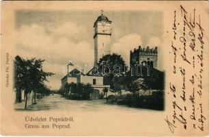 1900 Poprád (Magas-Tátra, Vysoké Tatry); utca, Csonka torony, templom. Geruska Pál kiadása / tower, church (EK)