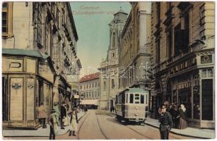 Temesvár, Timisoara; Takarékpénztár utca, villamos, üzletek, csendőr / street, tram, shops, gendarme