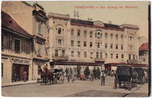 1910 Temesvár, Timisoara; Szent György tér, lovaskocsik, Leitenbor József, takarékpénztár, Gresham üzlet, sörcsarnok / square, shops, savings bank, beer hall (EK)