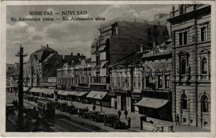 1941 Újvidék, Novi Sad; Kr. Aleksandra ulica / utca, autók, villamos, üzletek / street, automobiles, shops, tram