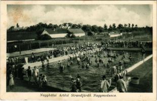 1938 Nagykáta, Artézi strandfürdő, nagymedence, fürdőzők. Pottok fényképész felvétele. Káló János kiadása (EB)