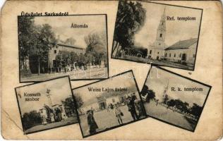 1907 Sarkad, vasútállomás, Református és római katolikus templom, Kossuth szobor, Weisz Lajos üzlete (EM)