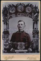cca 1900 Katona díszes emlékfotója Ferenc József és magyar címeres kerettel. Komárom. Jó állapotban 11x17 cm