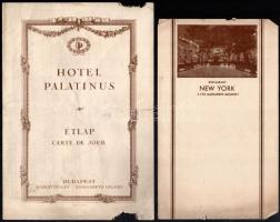 cca 1930-1940 Bp., a margitszigeti Hotel Palatinus és New York Étterem étlapjai, 4 db, sérültek, egy kitöltetlen