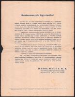 cca 1940 Meinl Gyula háztartási tanácsadó receptek. 4 p szakadozott