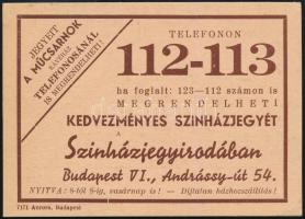 1940 Műcsarnok színházjegyiroda reklámos kártyanaptár 12x8,5 cm