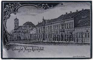 1900 Nagykároly, Carei; Szecessziós fémes hatású fóliás képeslap, Eigner Simon kiadása / Metallic foil postcard (EK)