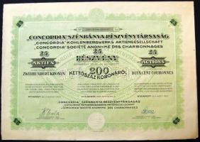 1923. "Concordia Szénbánya Részvénytársaság" részvénye 200K-ról, szelvényekkel