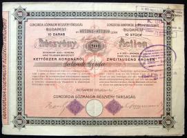 1922. "Concordia Gőzmalom Részvénytársaság" részvénye 2000K-ról, magyar és német nyelven, szelvényekkel