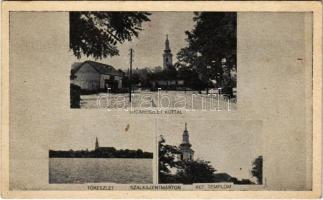 1943 Szalkszentmárton, utca részlet kúttal, tó részlet, református templom (EK)