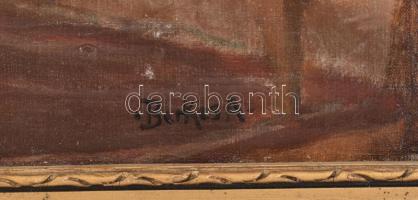 Berkes jelzéssel: Szoba enteriőr. Olaj, farostra kasírozott vászon, sérült keretben. 55x66cm